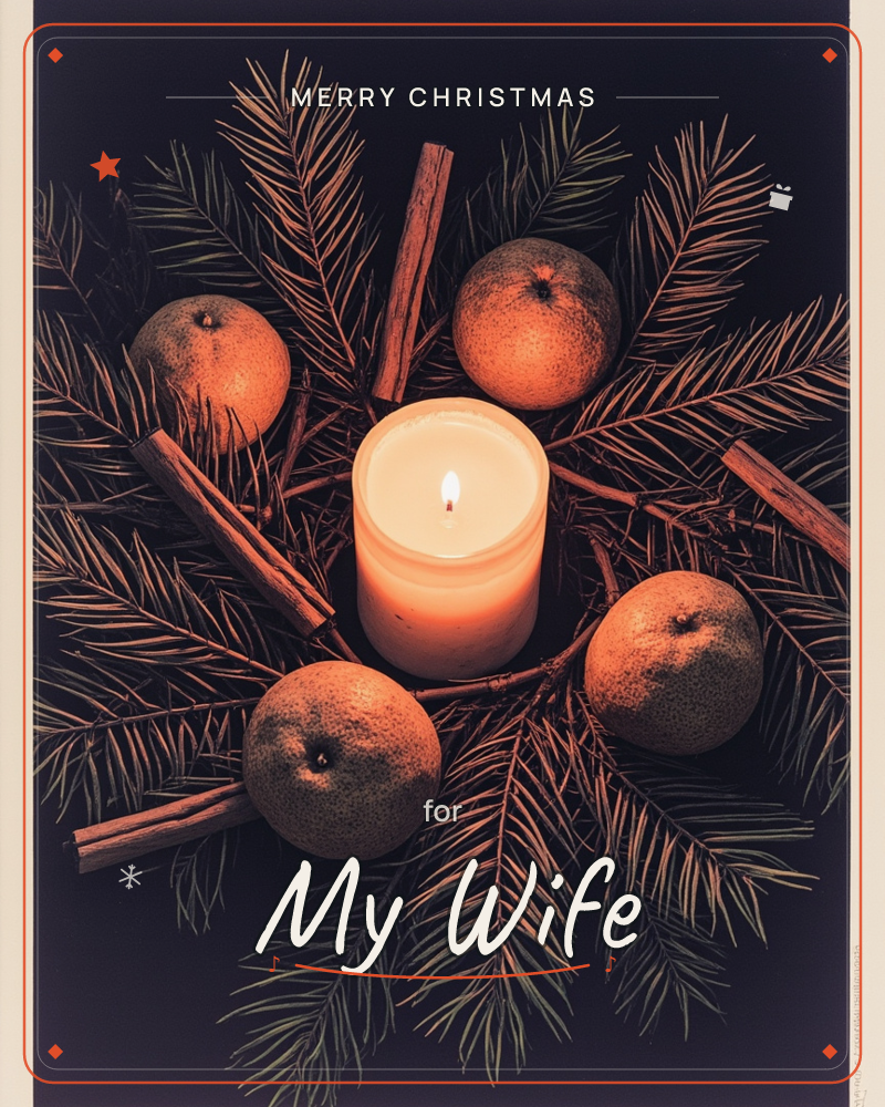 A lit candle glows at the centre of a dark, moody arrangement of pine sprigs, cinnamon sticks, and whole oranges, its flame the only true light source…, a christmas e-card design