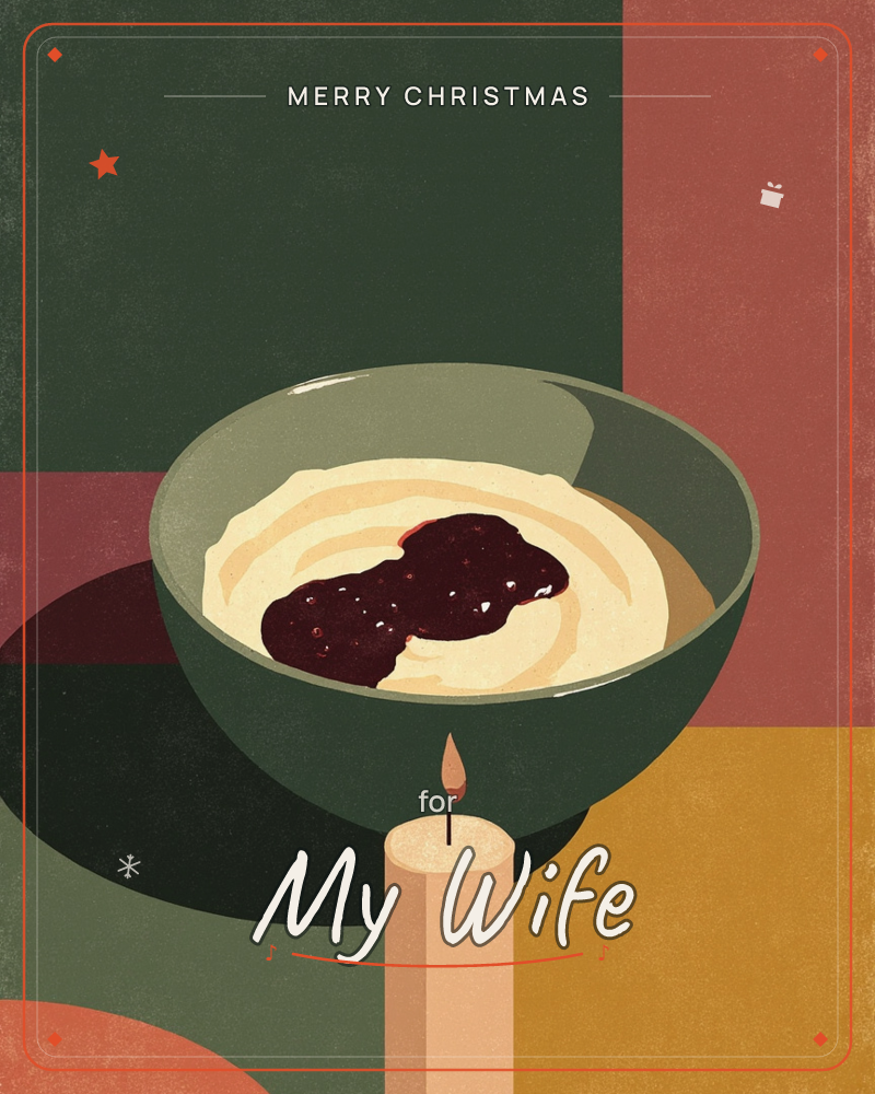 A green ceramic bowl of porridge swirled with dark berry jam sits above a lit peach candle, set against a patchwork of geometric colour blocks in…, a christmas e-card design