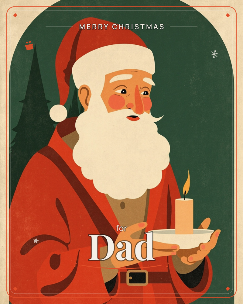 Santa Claus stands framed in an arched panel, his white beard glowing beside a lit candle cupped in his hands, a christmas e-card design