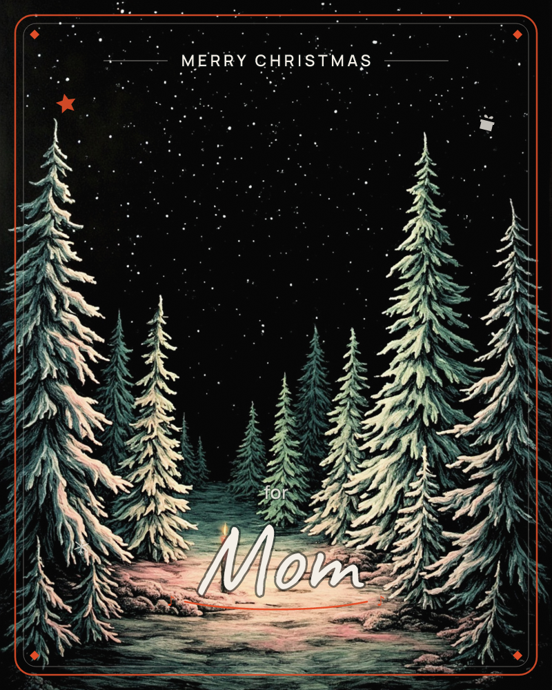 A dark winter forest at night, tall pine trees heavy with snow standing sentinel on either side of a quiet clearing, a christmas e-card design