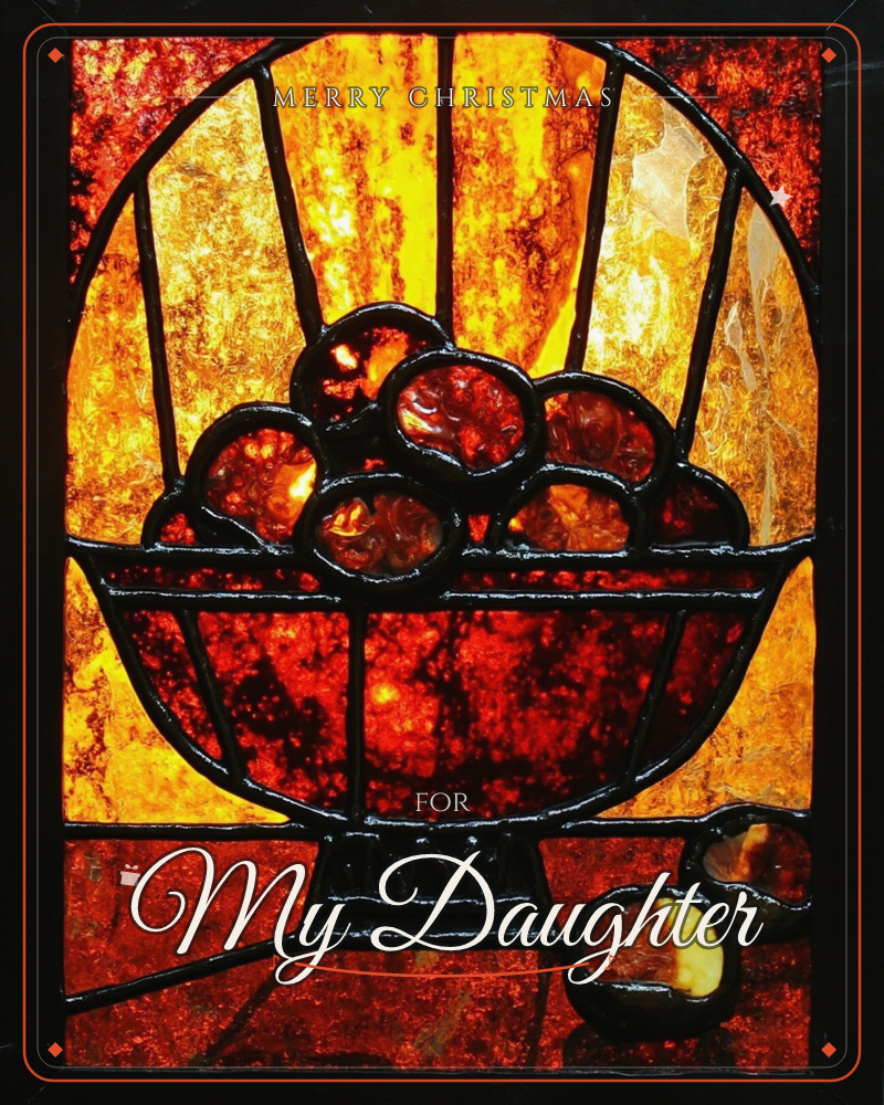A stained-glass style illustration shows a footed bowl piled high with round fruit, glowing amber, orange and deep red against a sunburst of streaked…, a christmas e-card design