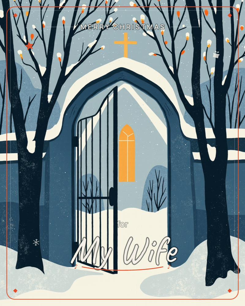 A snow-covered chapel entrance stands open between two bare, frost-laden trees, its arched doorway glowing warm amber from a lit stained-glass window…, a christmas e-card design