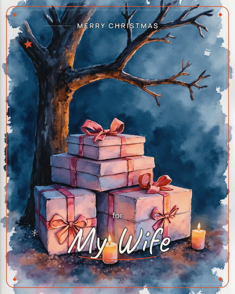 A bare, gnarled tree stands against a deep indigo night sky, its branches sheltering a stacked pile of pale pink gift boxes tied with coral ribbons, a christmas e-card design