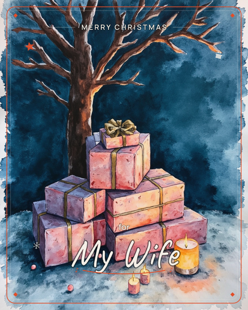 A bare, gnarled tree stands against a deep indigo night sky, its trunk sheltering a stacked pile of pink and mauve gift boxes tied with gold ribbon, a christmas e-card design