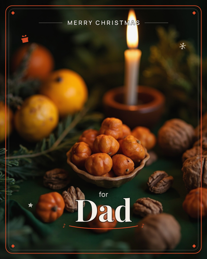 A single candle glows behind a small clay bowl heaped with tiny orange gourds, surrounded by walnuts, citrus fruit and sprigs of pine on a dark green…, a christmas e-card design