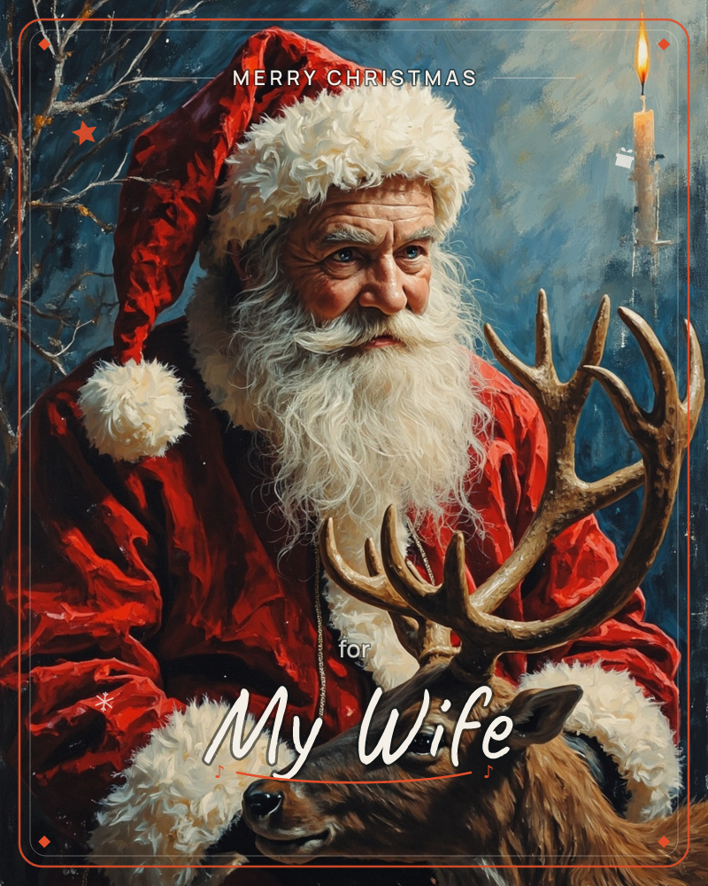 A painterly close-up shows an elderly man in a red Santa coat and fur-trimmed hat, his long white beard catching the light as he rests a hand on an…, a christmas e-card design