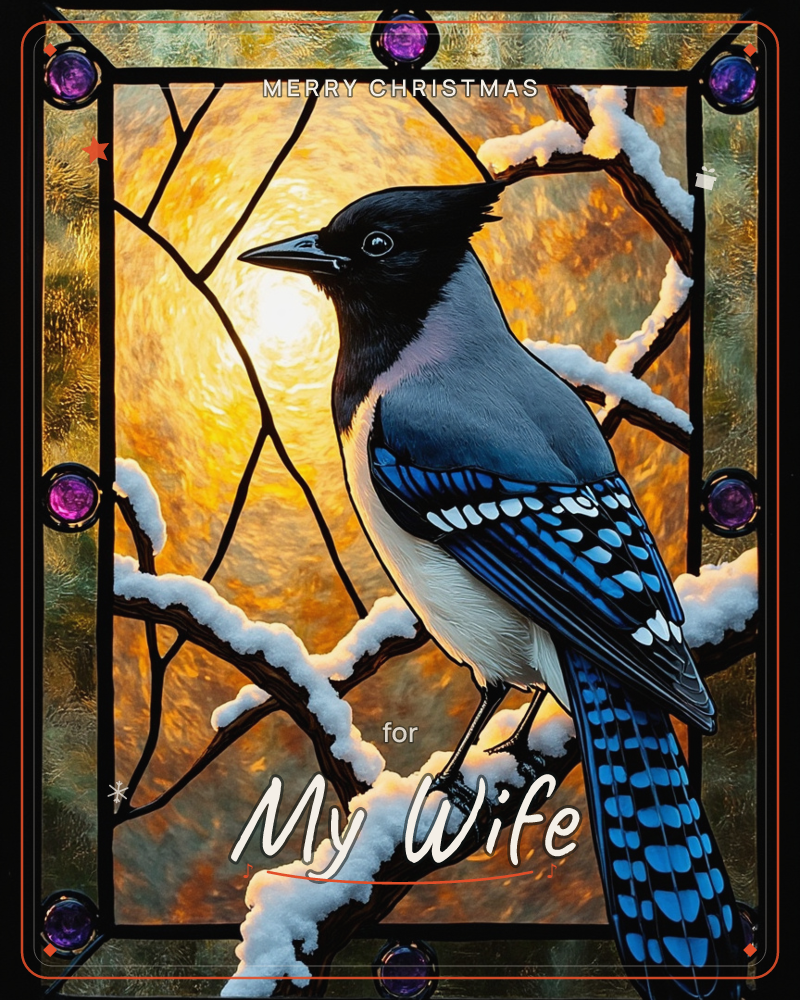 A stained-glass style panel shows a Steller's jay with a black crest and glowing blue-barred wings perched on a snow-laden branch, a christmas e-card design