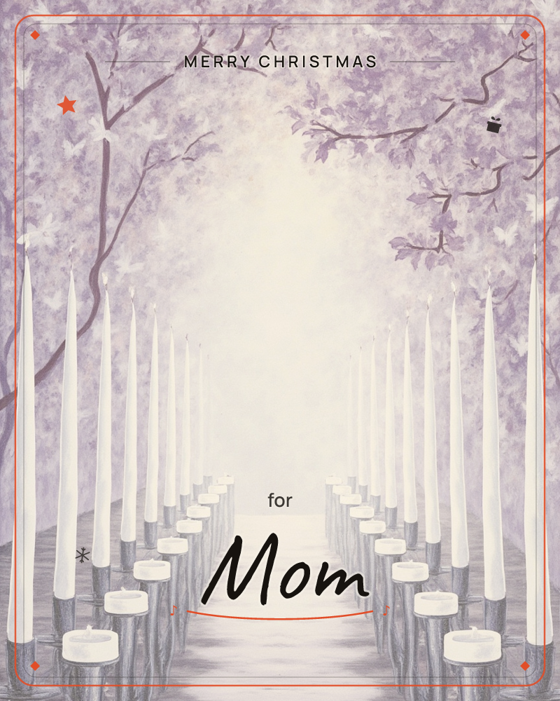 A quiet pathway lined on both sides with tall white tapered candles glowing softly, leading toward a hazy, luminous horizon, a christmas e-card design
