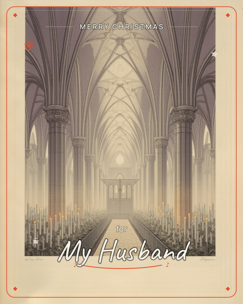 A soaring Gothic cathedral nave stretches into a misty distance, its ribbed vaulted ceiling and clustered stone columns fading into soft violet-grey haze, a christmas e-card design