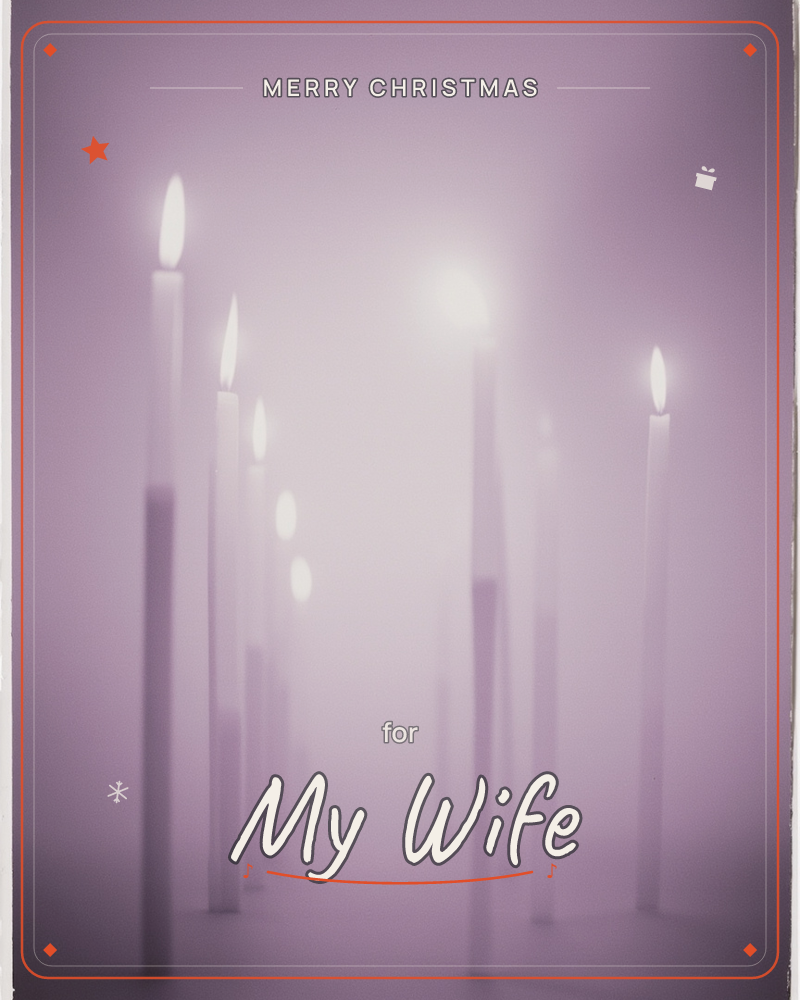 A cluster of tall slender candles glows against a soft violet haze, their flames blurred into halos of warm light, a christmas e-card design
