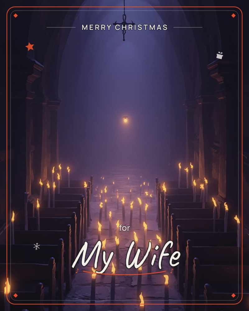 A stone chapel aisle stretches into misty darkness, lit only by dozens of candles standing along the floor and pews between the arches, a christmas e-card design