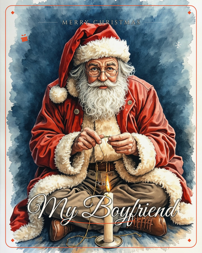 Santa sits cross-legged on the floor against a deep inky-blue background, his red coat trimmed thick with white fur and his round glasses catching the…, a christmas e-card design