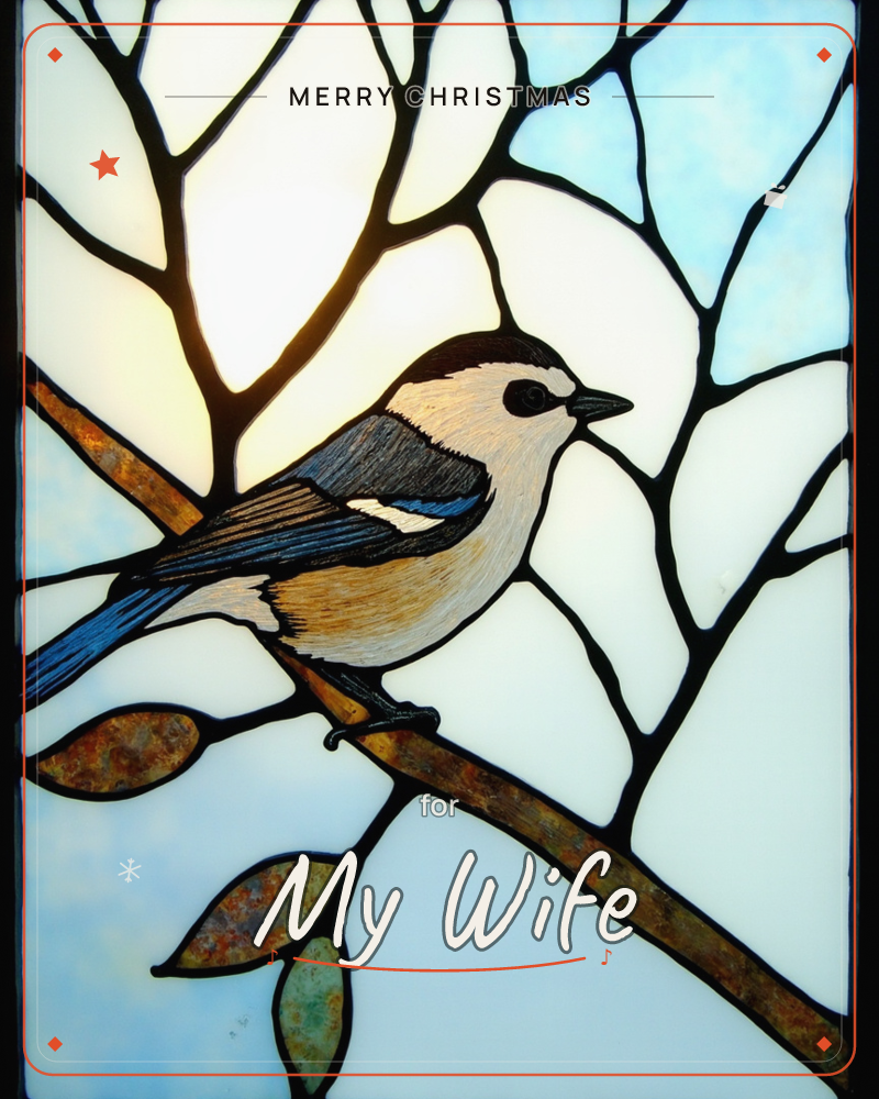 A stained-glass style panel shows a chickadee perched on a branch, its cap-and-bib markings picked out in dark leaded lines against a glowing sky of…, a christmas e-card design
