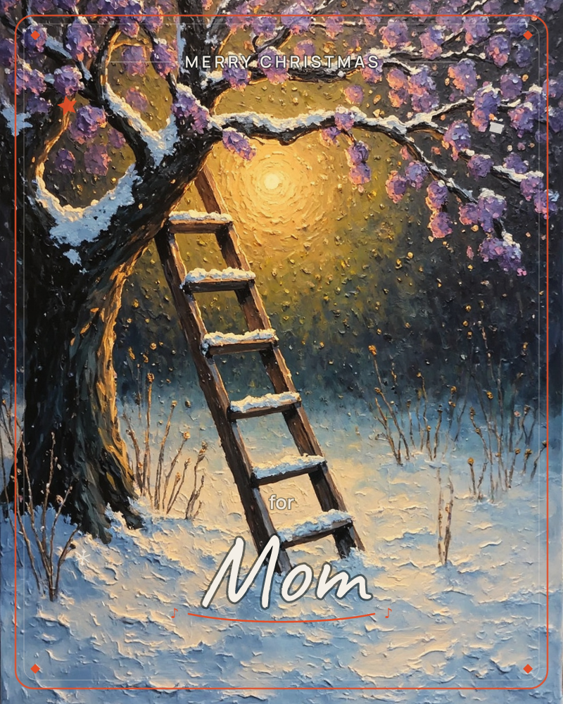 A wooden ladder leans against a snow-dusted tree whose branches are covered in purple blossoms, glowing under a warm golden light like a low sun or…, a christmas e-card design