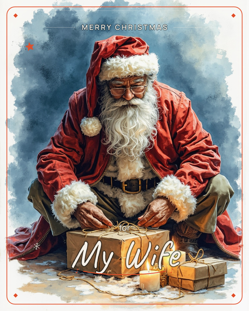 Santa kneels on the ground carefully tying twine around a brown-paper parcel, candles glowing beside him in the snow, a christmas e-card design
