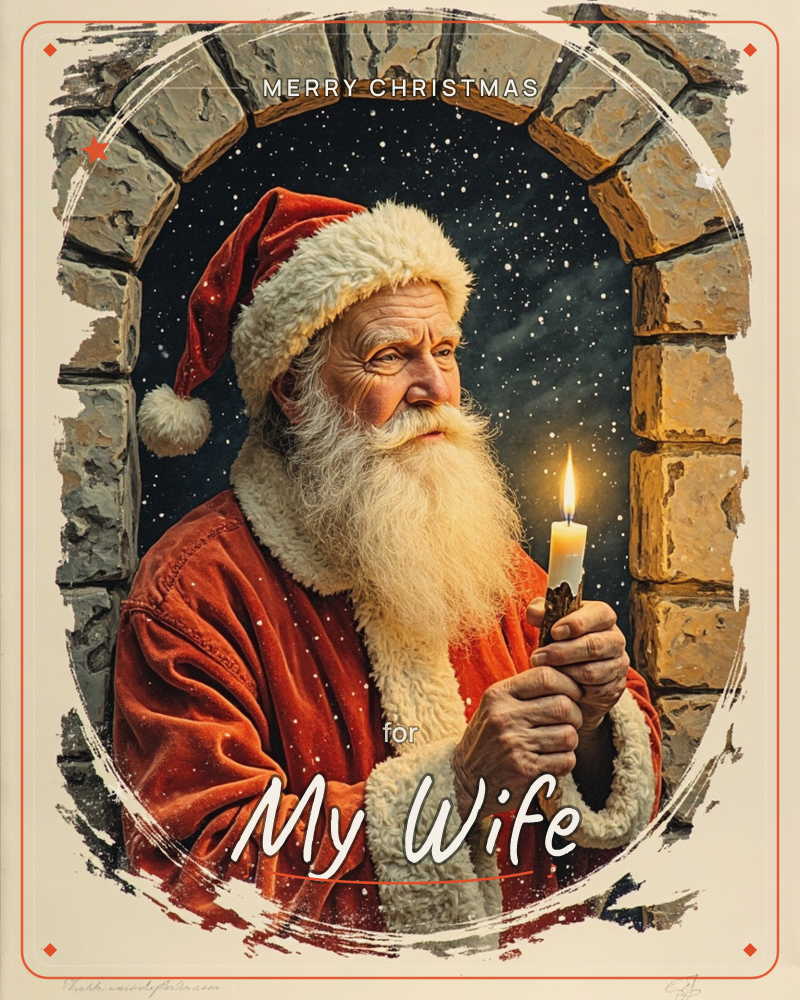 Santa Claus stands framed within a stone archway, snow falling softly against a deep night sky behind him, holding a single lit candle close to his chest, a christmas e-card design