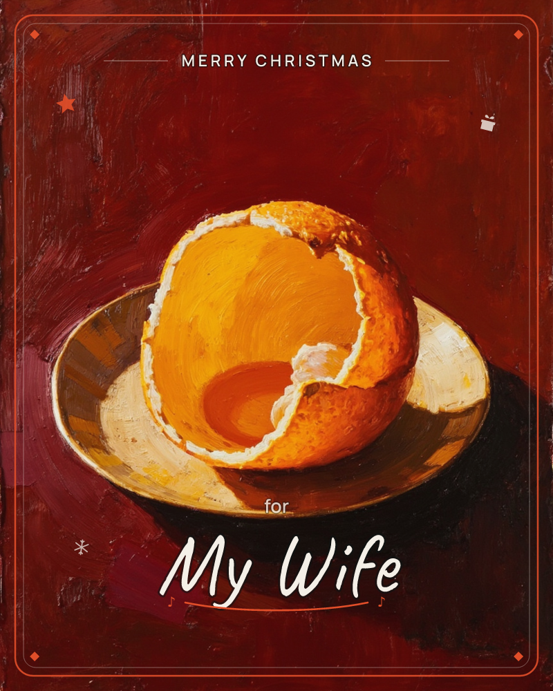 A partly peeled orange sits open-faced on a gold plate, its rind pulled back like a torn crown to reveal the bright flesh beneath, all set against a…, a christmas e-card design