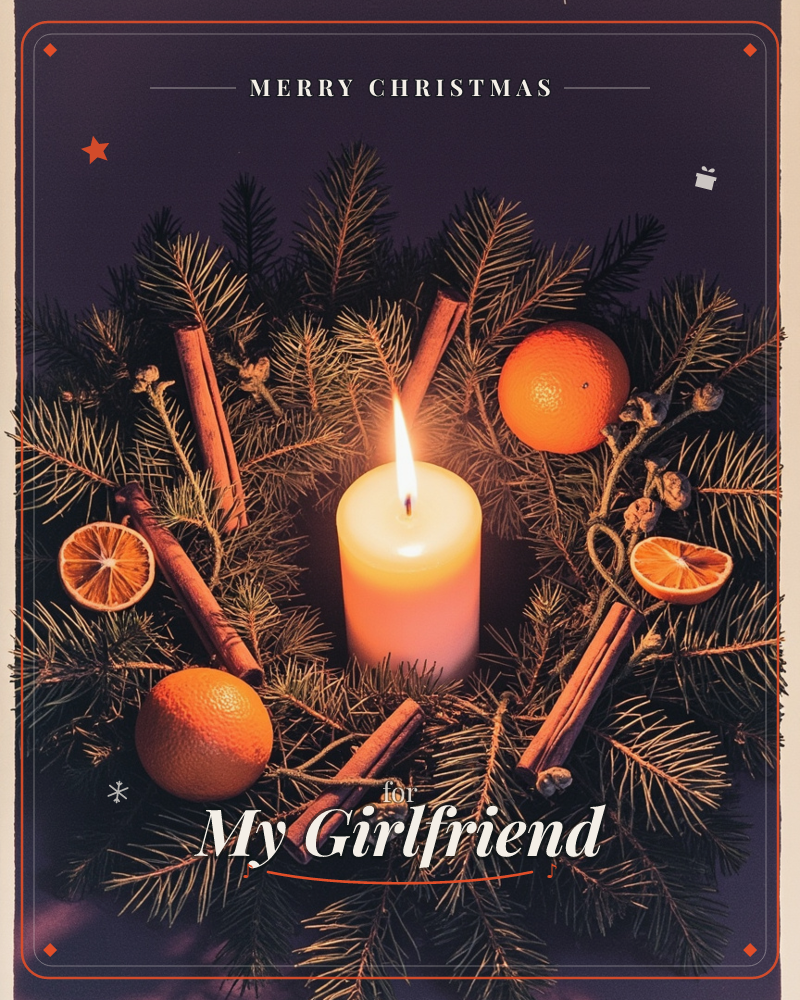 A lit candle glows at the centre of a dark table wreath, its flame haloed against a deep purple backdrop, a christmas e-card design