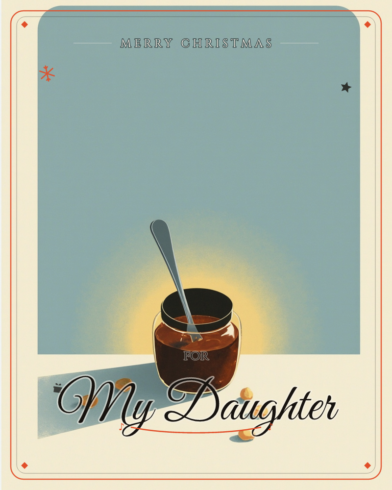 A jar of dark chocolate or nut spread sits on a pale tabletop, a spoon standing upright inside it, glowing with a warm golden halo against a flat…, a christmas e-card design