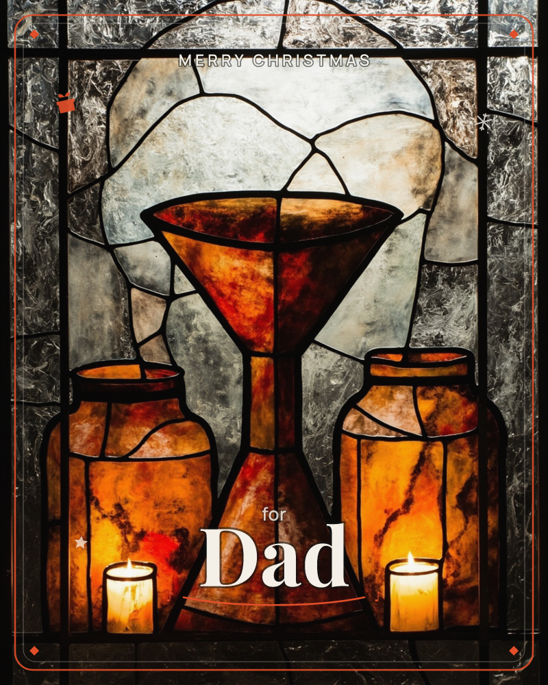 A stained-glass panel shows a tall chalice flanked by two stoppered jars, all rendered in glowing amber and deep red glass against a mottled…, a christmas e-card design