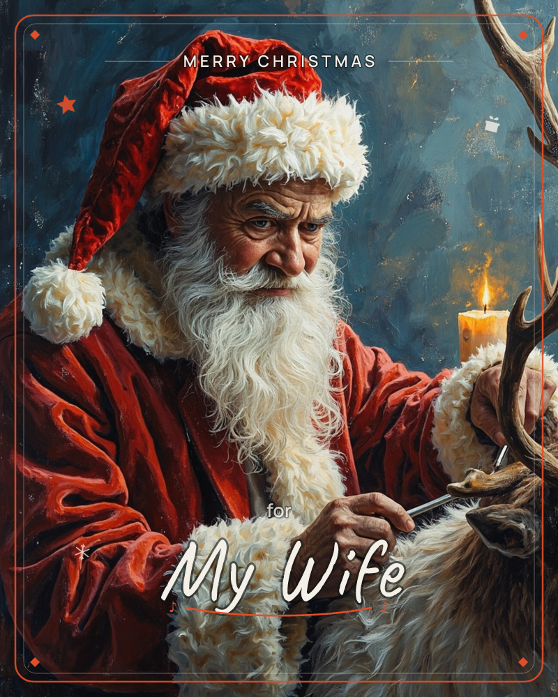 An oil-painted portrait shows a weathered Santa in his red velvet coat and fur-trimmed cap, leaning close to a reindeer's antlers with focused, tender…, a christmas e-card design