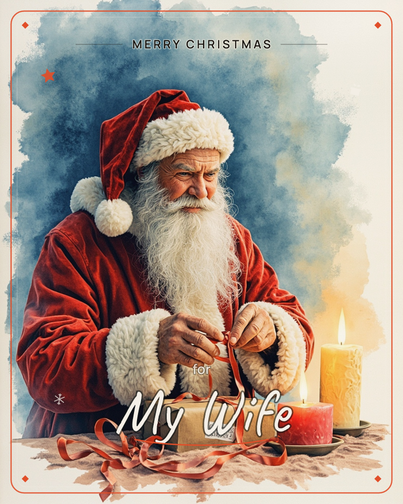 Santa Claus leans over a table, carefully tying a red ribbon around a wrapped brown-paper gift with a handwritten label, a christmas e-card design