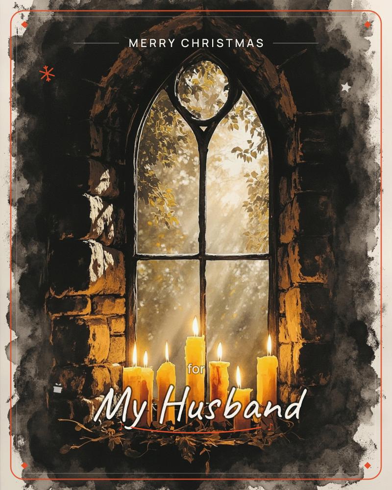 A row of lit candles sits on a stone windowsill beneath an arched, leaded window set in weathered brick, a christmas e-card design