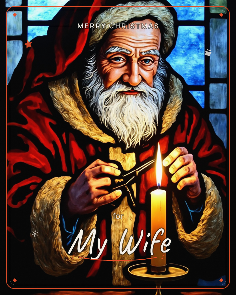 A stained-glass style illustration shows Santa Claus in a fur-trimmed red robe, leaning close to trim a lit candle's wick with small scissors, a christmas e-card design