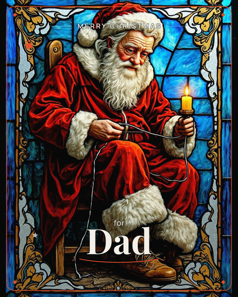 A stained-glass style panel shows Santa seated on a wooden chair, holding a lit candle in one hand while working a length of string with the other, his…, a christmas e-card design