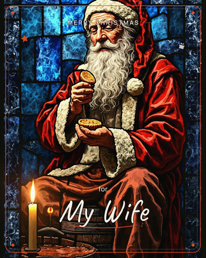 Santa Claus sits against a mosaic of icy blue stained-glass panels, cradling two small round cookies in his fur-trimmed red robes, a christmas e-card design