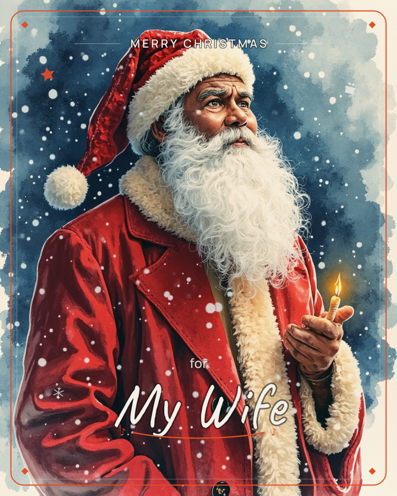 A man dressed as Santa Claus stands against a deep blue, snow-flecked night sky, his fur-trimmed red coat and hat catching flakes as he gazes upward, a christmas e-card design