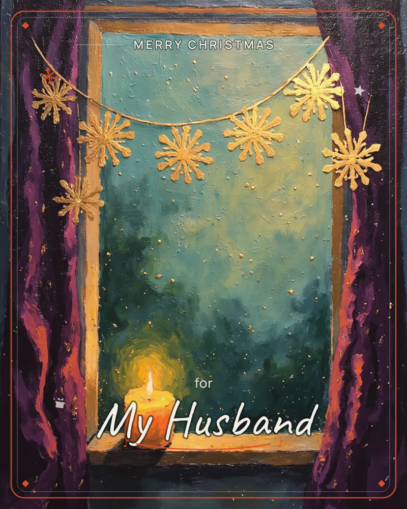 A lit candle sits on a window ledge framed by rich plum curtains, its glow warming the sill while a garland of gold paper snowflakes is strung across…, a christmas e-card design