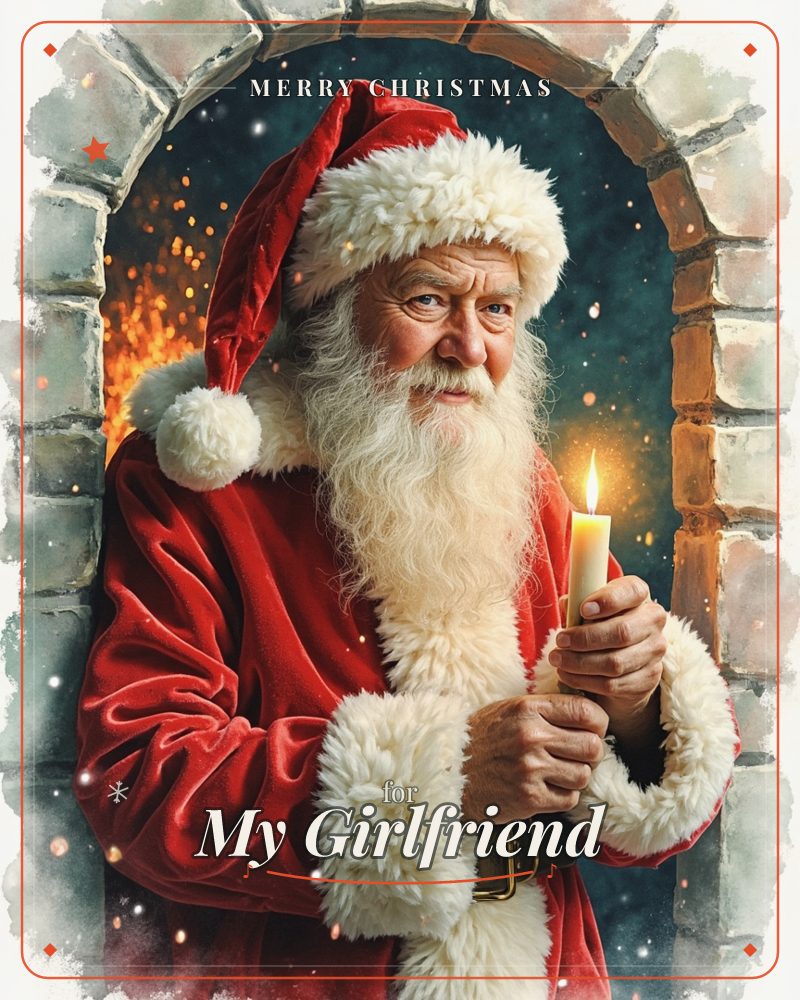 Santa Claus stands framed in a stone archway, cradling a lit candle in his weathered hands, its glow catching his white beard and fur-trimmed red coat, a christmas e-card design