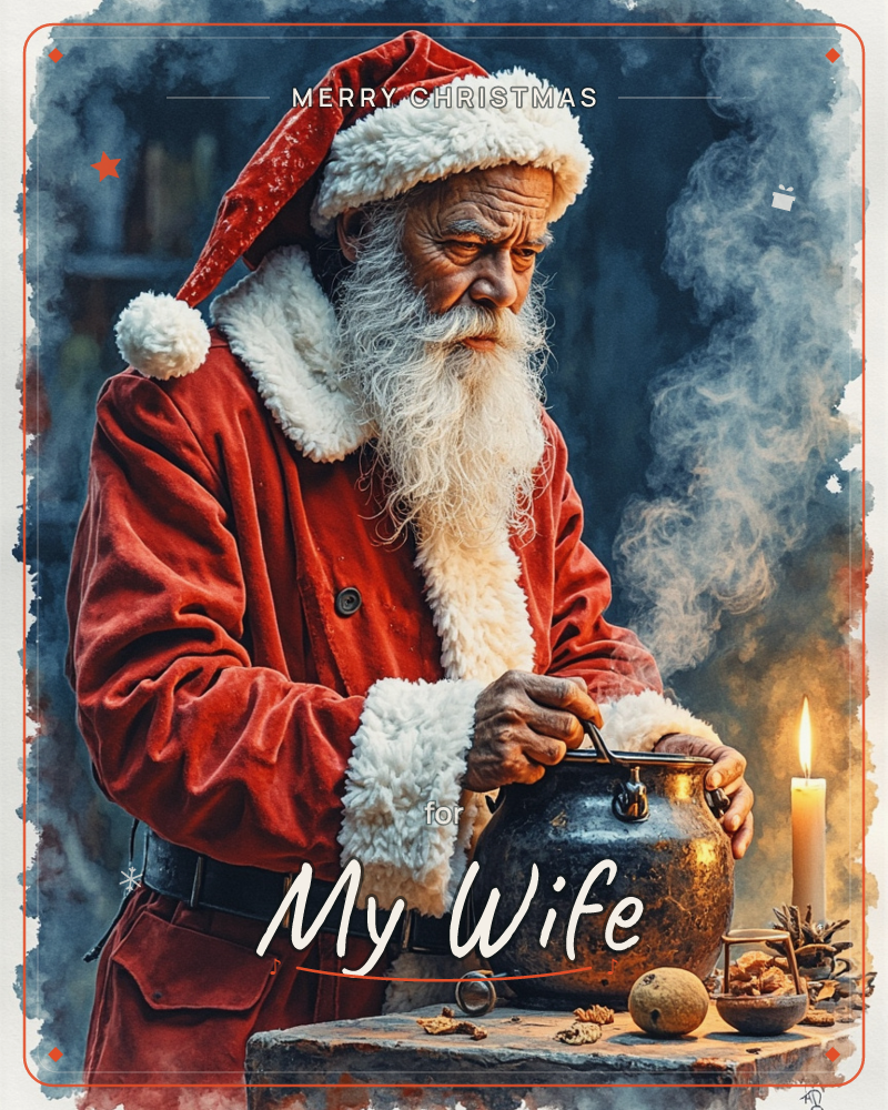 A weathered old man in a red fur-trimmed Santa coat and hat leans over a battered copper kettle, lifting its lid as steam curls up into the smoky…, a christmas e-card design