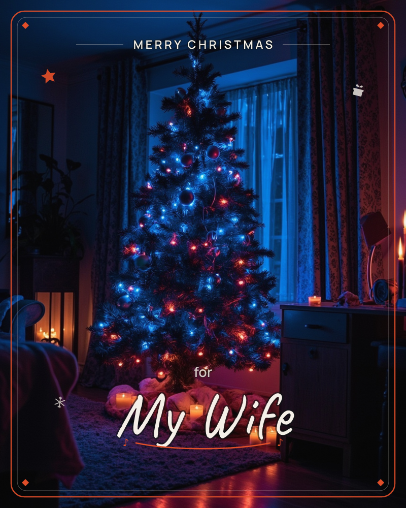 A Christmas tree glows with strands of blue and warm red fairy lights in a darkened living room, its branches catching the faint glow of a curtained…, a christmas e-card design