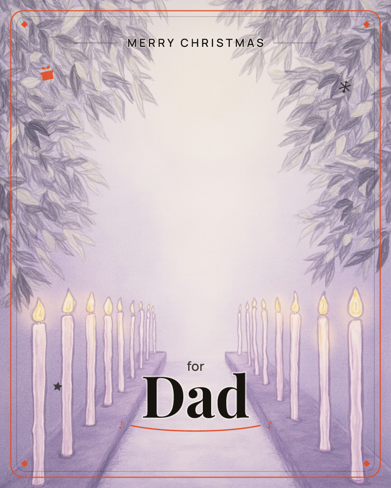 Two rows of tall lit candles line a misty path that fades into soft white light, framed above by drooping willow-like leaves rendered in delicate…, a christmas e-card design