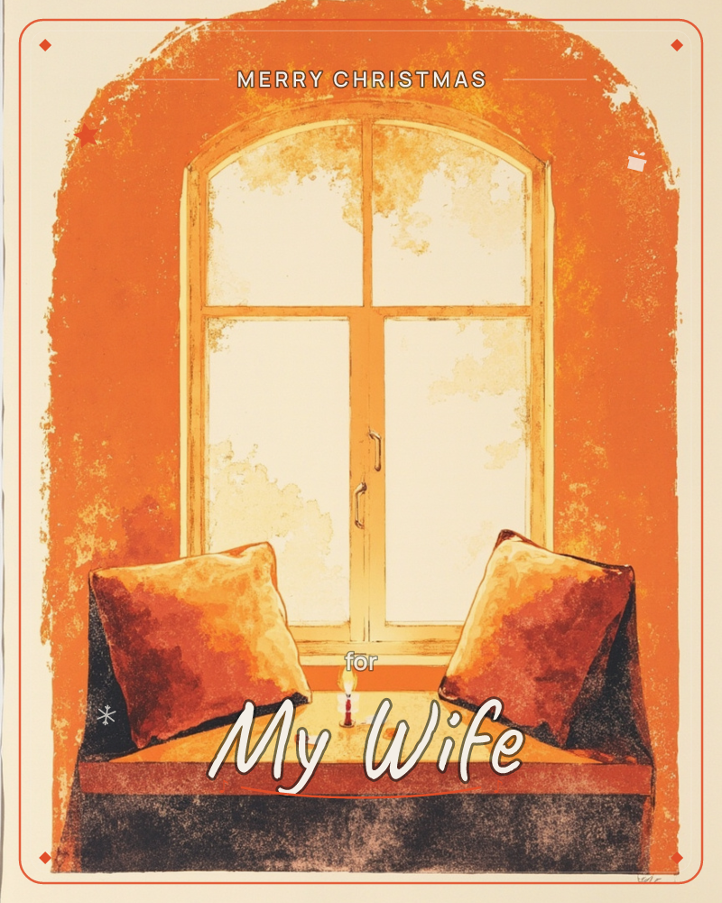 An arched window nook glows in warm orange tones, with a lit candle and a small dish resting on the deep sill between two plump cushions, a christmas e-card design