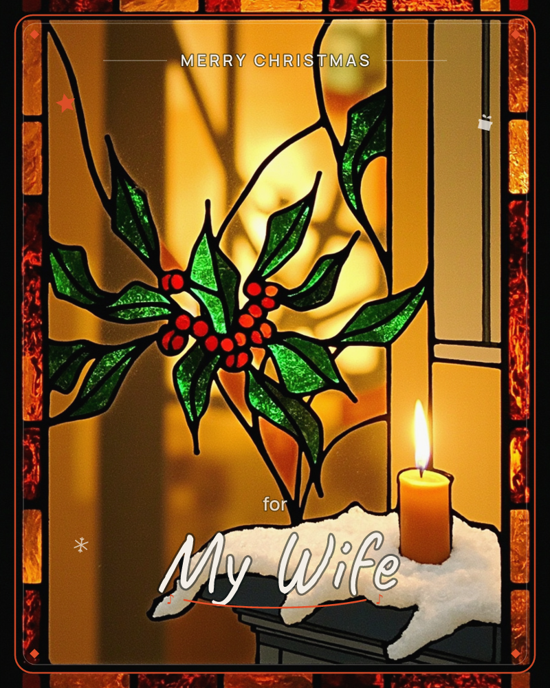 A stained-glass window panel glows amber from within, its lead lines forming holly leaves and a cluster of red berries against a warm golden background, a christmas e-card design