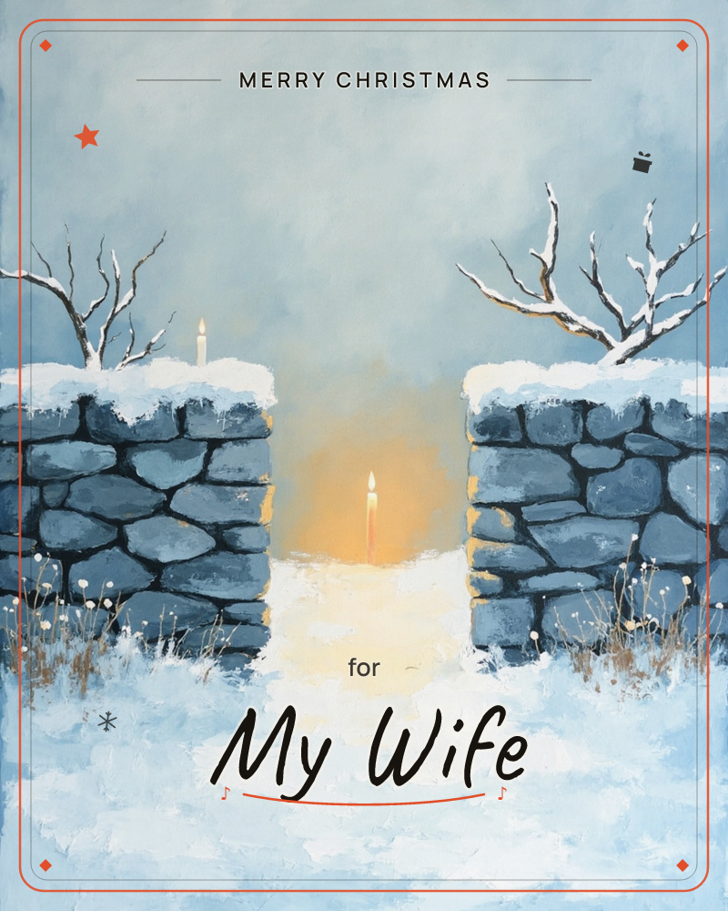 A gap between two snow-capped stone walls glows with warm candlelight against a cold blue winter landscape, a christmas e-card design