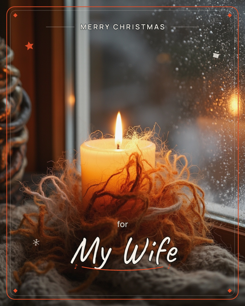 A single candle burns on a windowsill, its flame steady and warm against a windowpane speckled with rain or frost, a christmas e-card design
