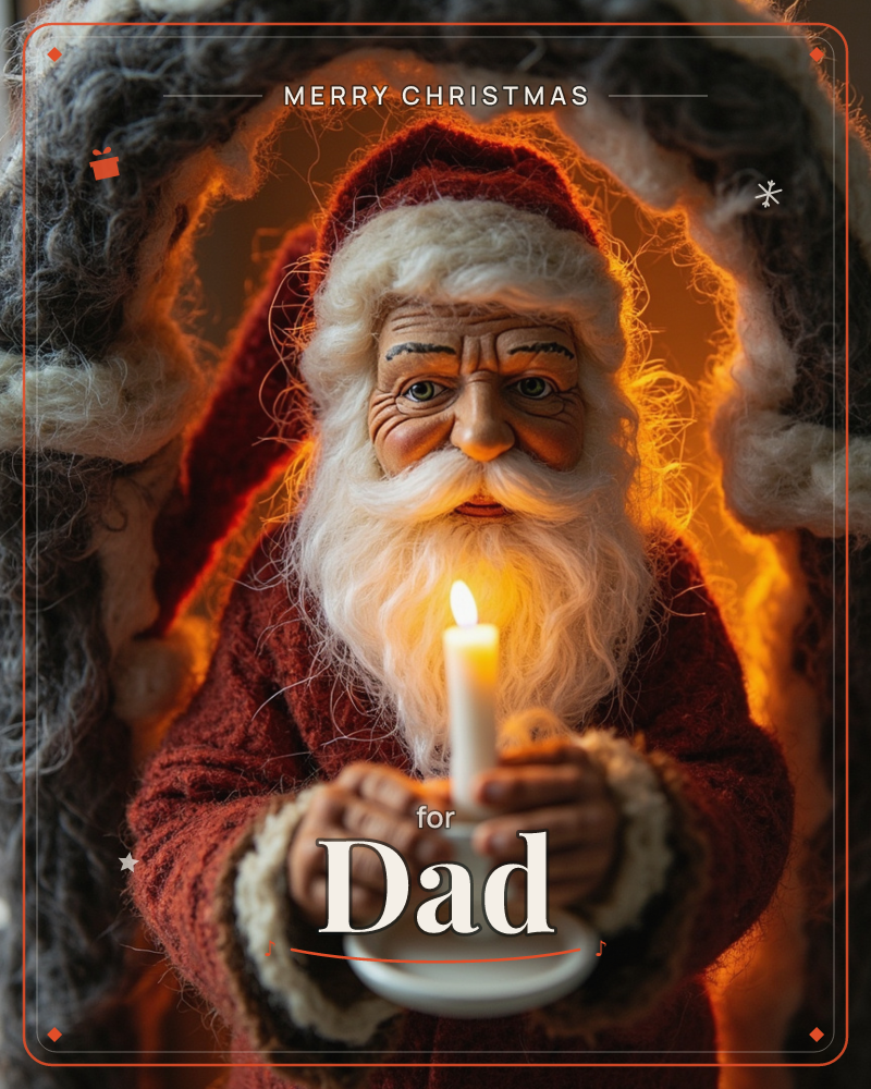 A finely detailed Santa figure, framed by a thick woolly wreath, cradles a single lit candle in his weathered hands, a christmas e-card design