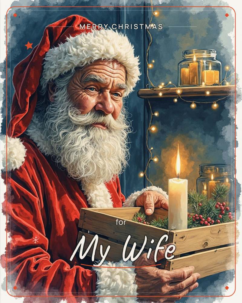 A close-up illustration of Santa Claus in his red fur-trimmed coat, holding a wooden crate with a lit candle, pine sprigs and red berries, a christmas e-card design