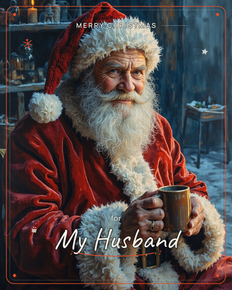 Santa Claus sits in a candlelit workshop corner, cradling a warm mug of something hot in his weathered hands, a christmas e-card design