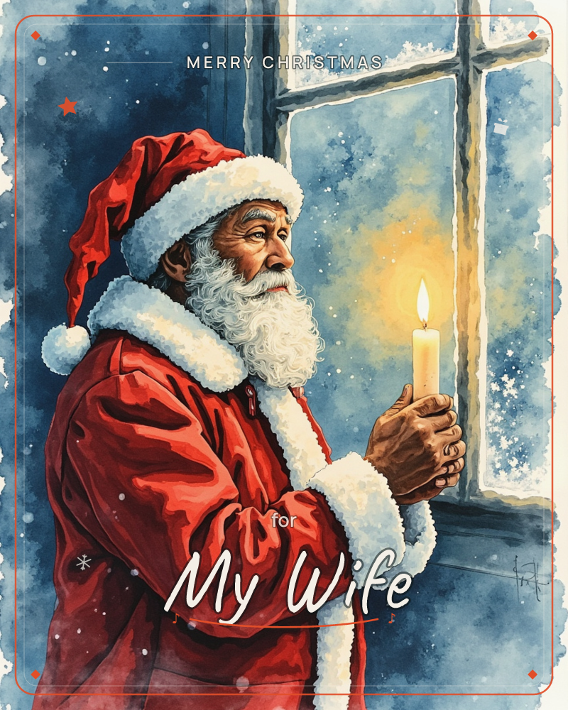 A white-bearded man in a red Santa coat and hat stands beside a frosted windowpane, cupping a lit candle in both hands, a christmas e-card design