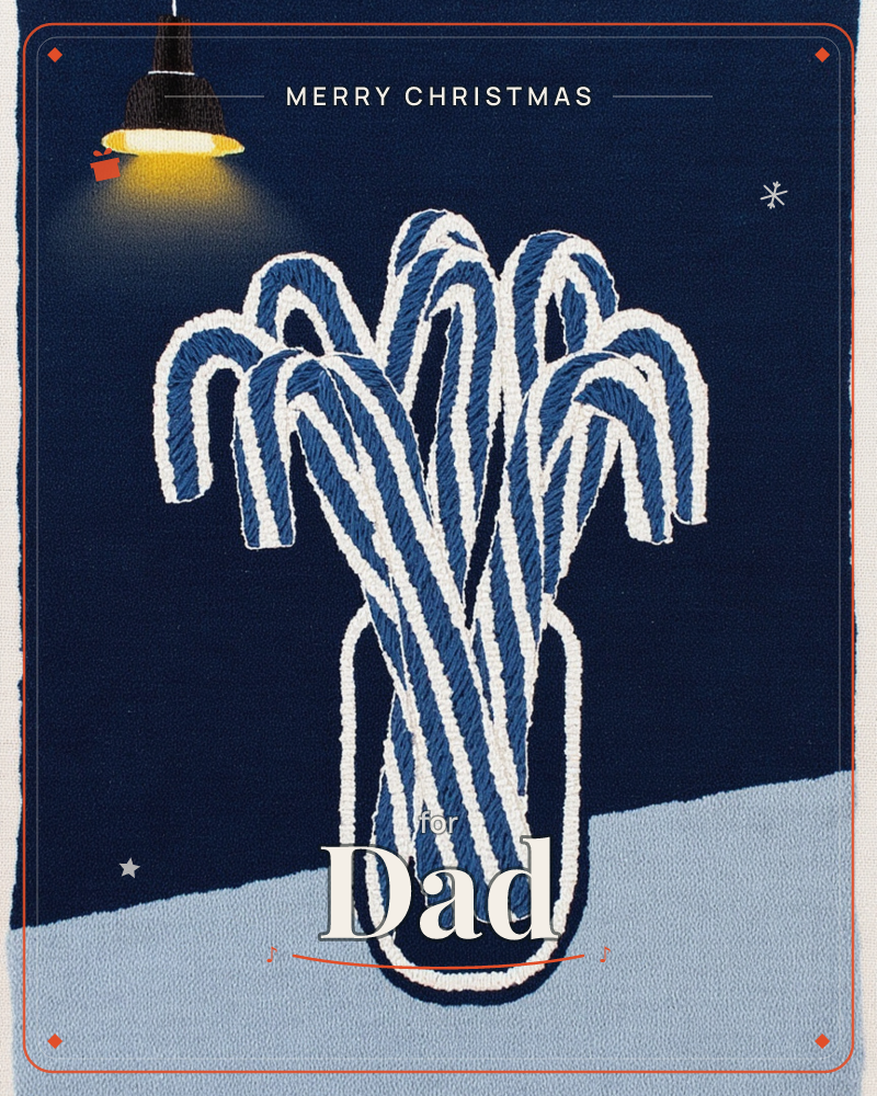 A textured, tufted illustration shows a cluster of blue-and-white striped candy canes bundled upright in a rounded vase, lit from above by a single…, a christmas e-card design
