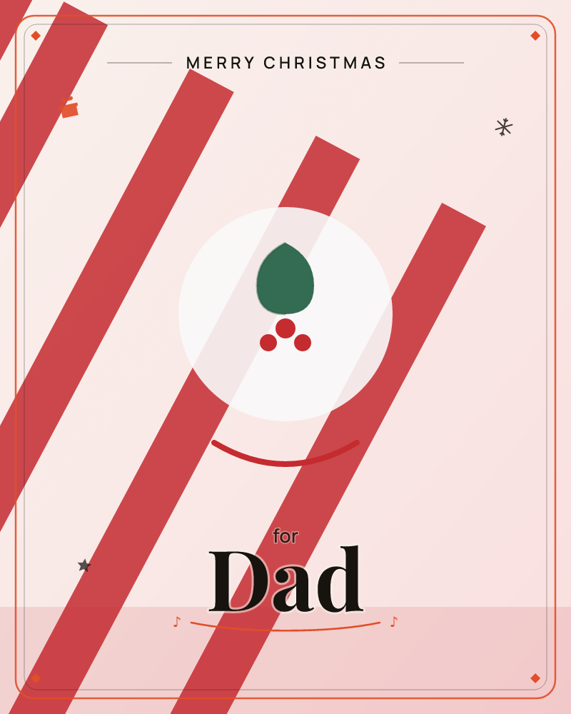 Bold diagonal red stripes cut across a soft pink background, with a pale circular spotlight framing a simple holly leaf and three red berries at the…, a christmas e-card design by @DittyCityTeam