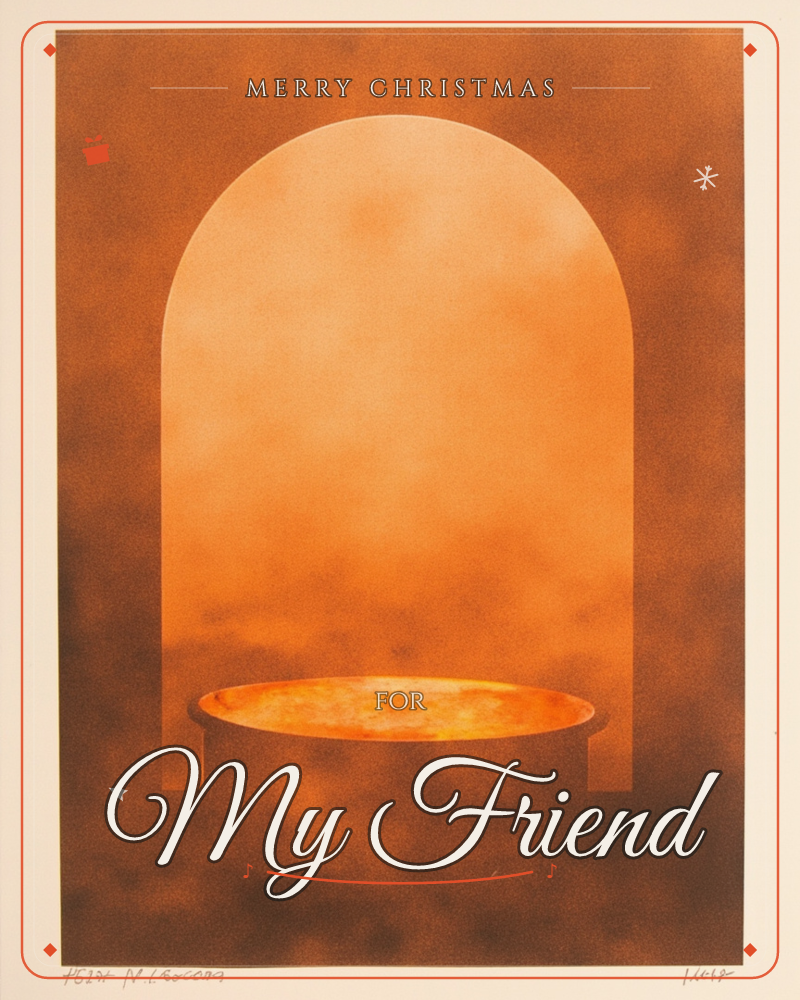 A glowing arched niche frames a shallow bowl set on slender legs, rendered entirely in smouldering shades of orange and rust, a christmas e-card design