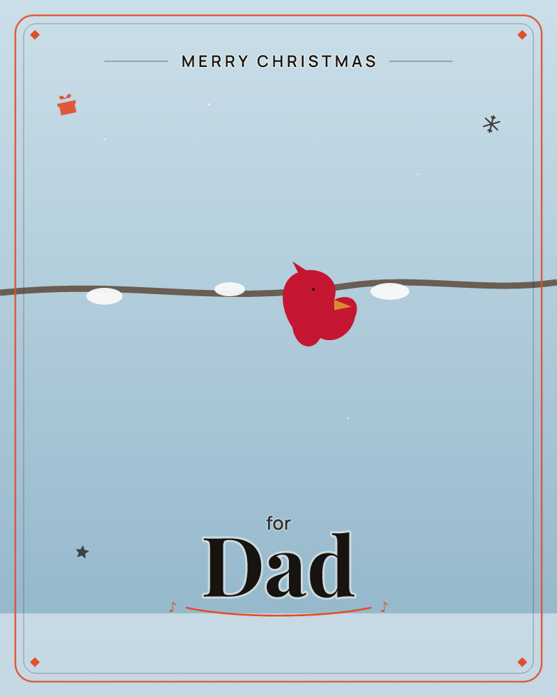 A single round red bird with a stubby yellow beak perches on a thin brown wire strung across a pale winter sky, with a few white oval shapes dotted…, a christmas e-card design by @DittyCityTeam