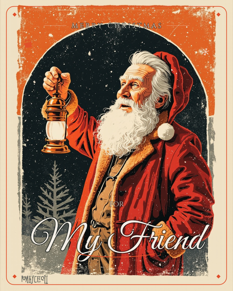 A weathered Santa figure stands beneath a starry night sky, framed by an arched orange border, holding up a brass lantern as if searching the dark, a christmas e-card design