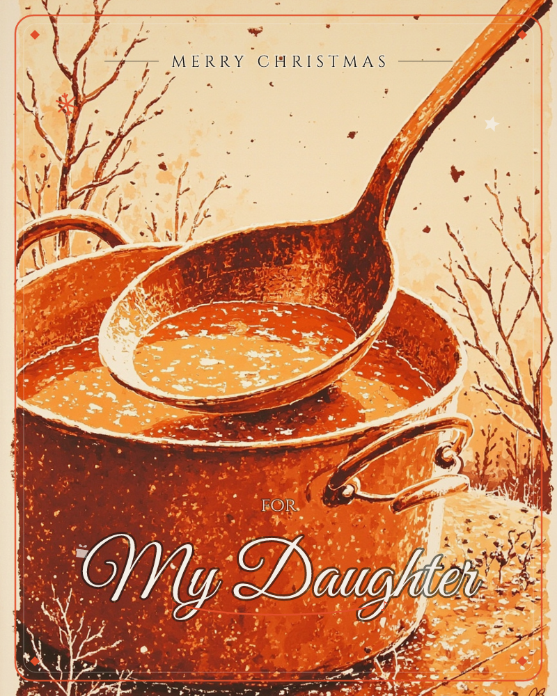 A large copper pot brims with soup, a ladle resting across its rim mid-scoop, set against bare autumn branches and scattered fallen leaves, a christmas e-card design